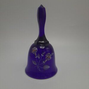 Fenton Glass Cobalt Blue Bell With Hand-Painted Flowers Artist Signed Gessel Col